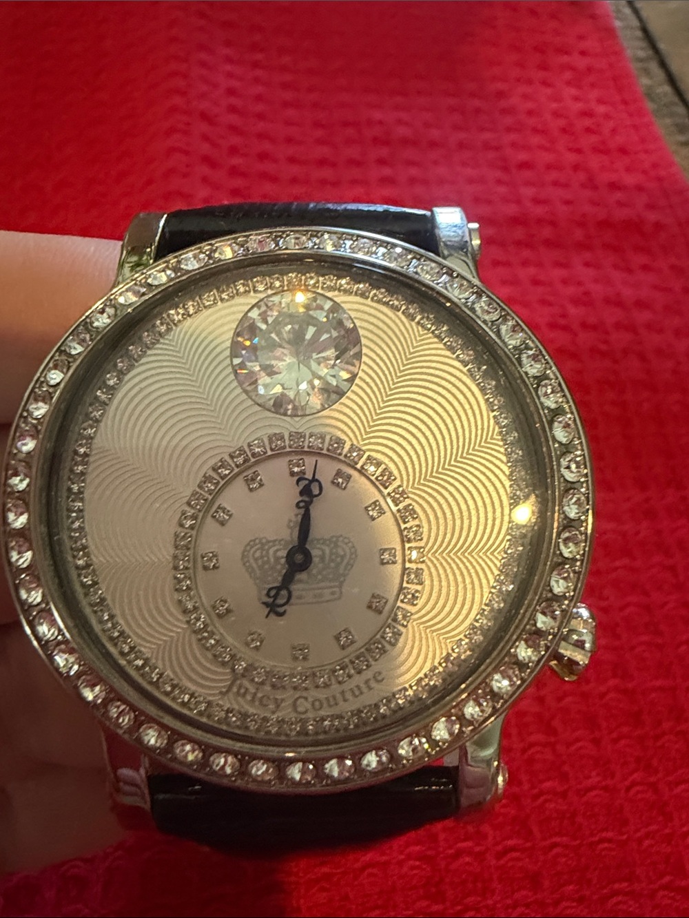 Juicy Couture Silver Crystal-Accent Watch with Black Strap
